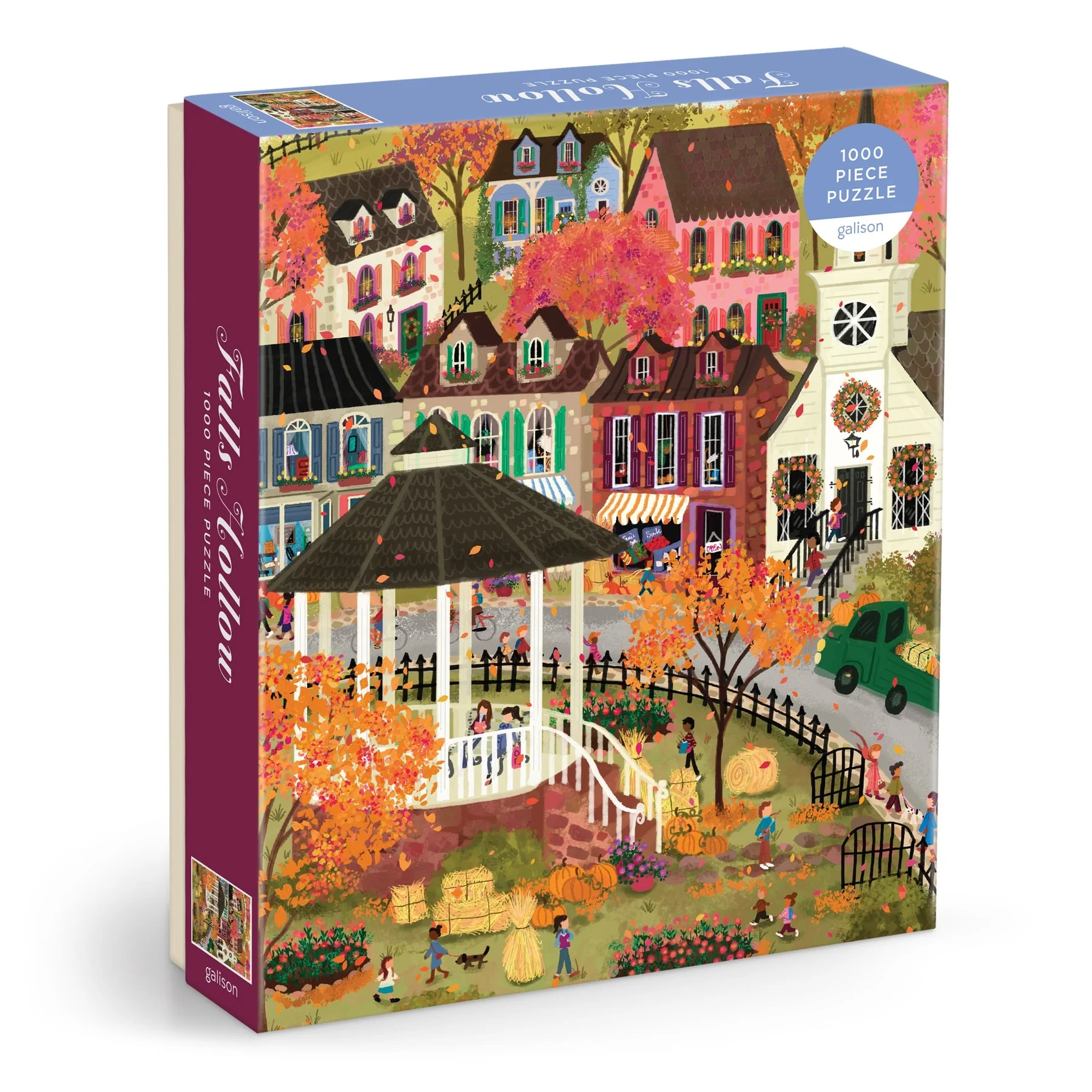 Jigsaw puzzle box with a colorful village scene on a white background
