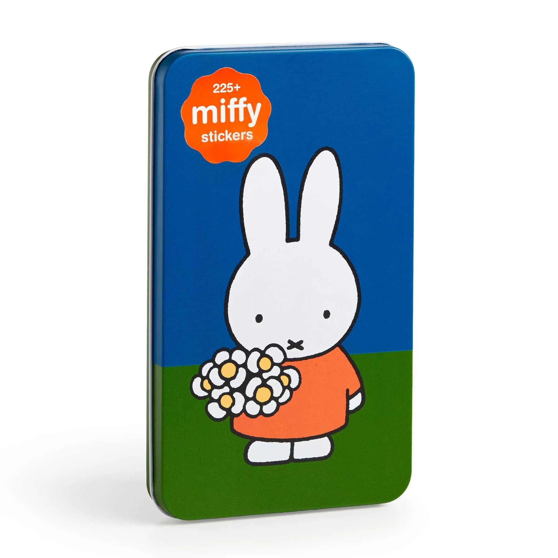 Tin with Miffy character holding flowers on a blue and green background