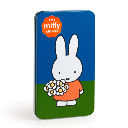 Tin with Miffy character holding flowers on a blue and green background