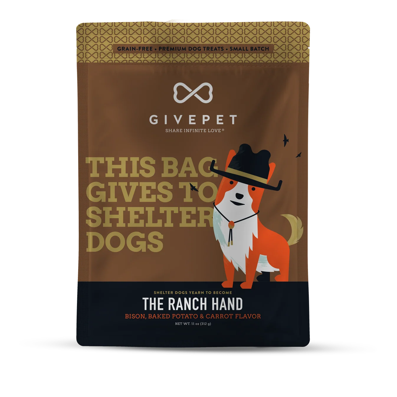 A bag of GivePet 'The Ranch Hand' dog treats on a plain white background. The packaging is primarily brown with a black bottom section, gold text, and an illustration of an orange and white dog wearing a black cowboy hat.