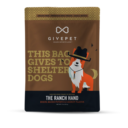 A bag of GivePet 'The Ranch Hand' dog treats on a plain white background. The packaging is primarily brown with a black bottom section, gold text, and an illustration of an orange and white dog wearing a black cowboy hat.