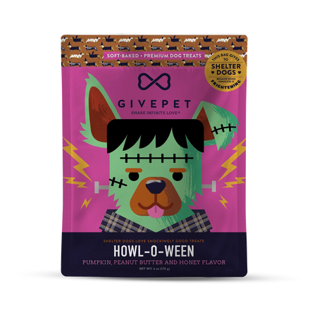 GivePet Howl-O-Ween dog treats pouch on a white background. The package is bright pink with a cartoon Frankenstein dog illustration, brown top band with treat icons, and a gold 'Shelter Dogs Love Shockingly Good Treats' badge.