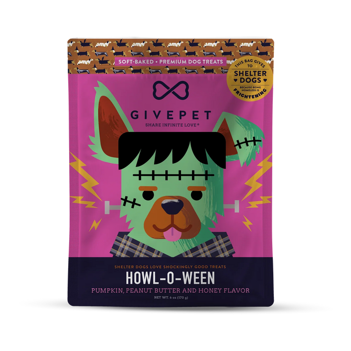 GivePet Howl-O-Ween dog treats pouch on a white background. The package is bright pink with a cartoon Frankenstein dog illustration, brown top band with treat icons, and a gold 'Shelter Dogs Love Shockingly Good Treats' badge.