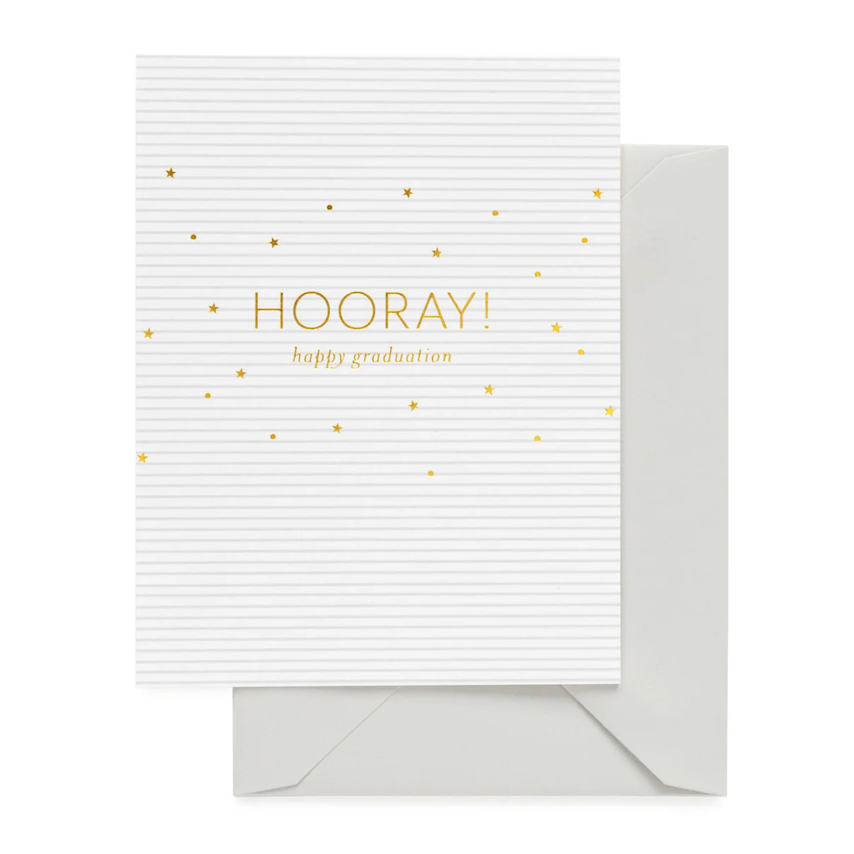 A white letterpress graduation card with the words 'Hooray!' and 'Happy Graduation' in gold, along with small gold stars on the front. The card is blank inside for a personal message and comes with a matching envelope.