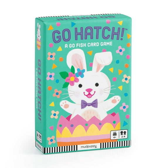 Card game box titled 'GO HATCH!' with a bunny illustration on a teal background