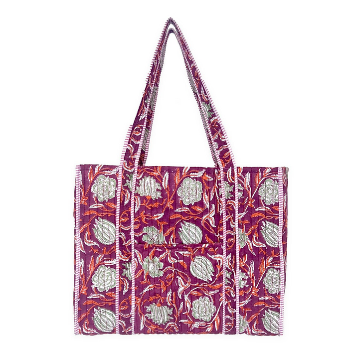 Quilted Tote Bag With Travel Pouch - Plum Blossoms
