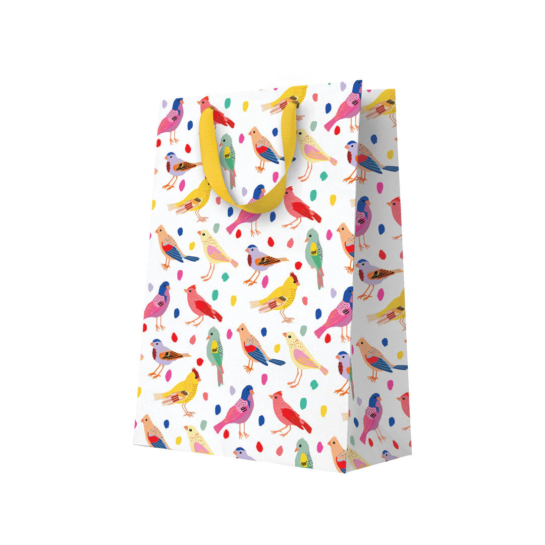Gift bag with colorful bird pattern on a white background