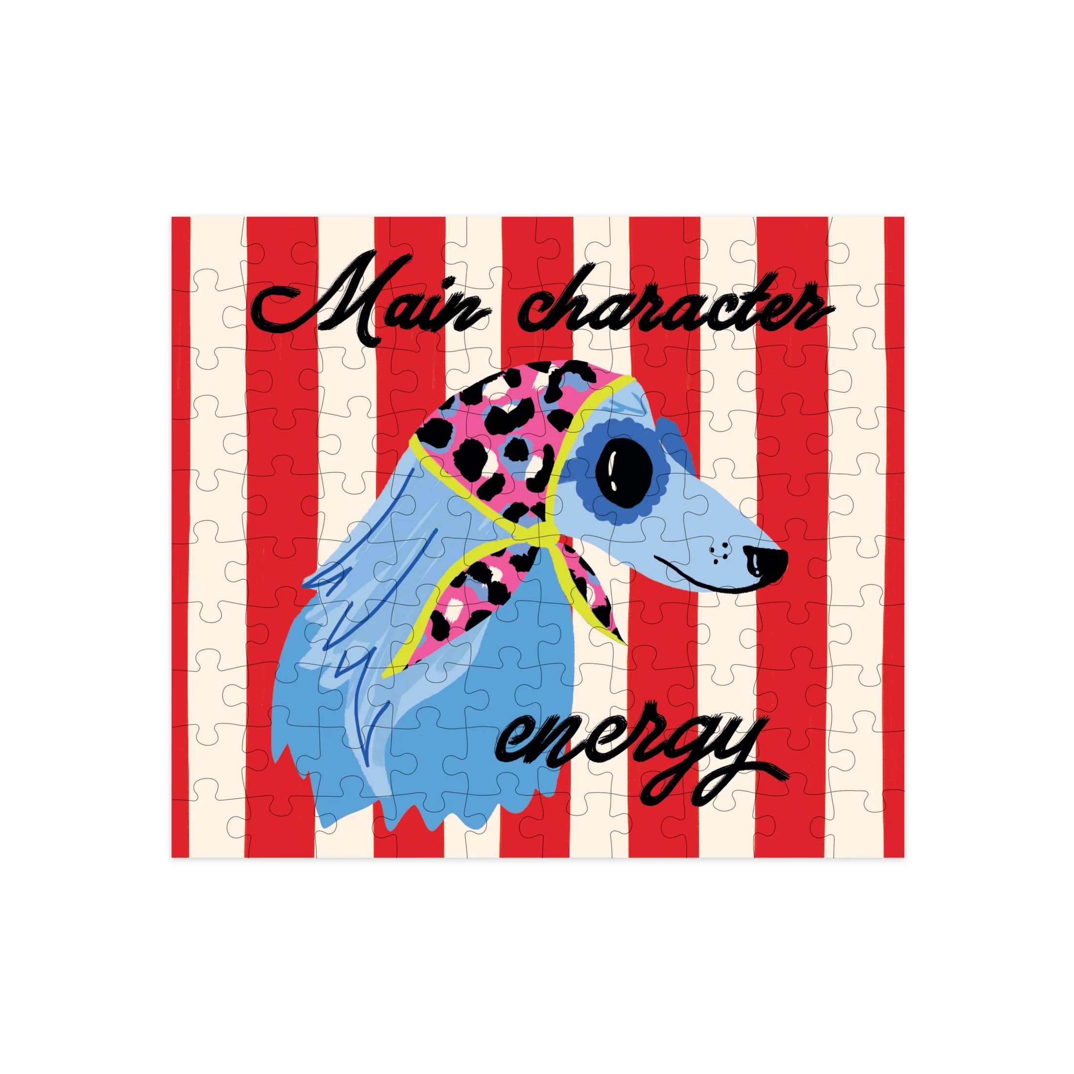 A square jigsaw puzzle featuring a stylized blue dog wearing a pink leopard-print bandana with yellow accents, set against red and cream vertical stripes. The words 'Main character energy' are written in black script across the puzzle.