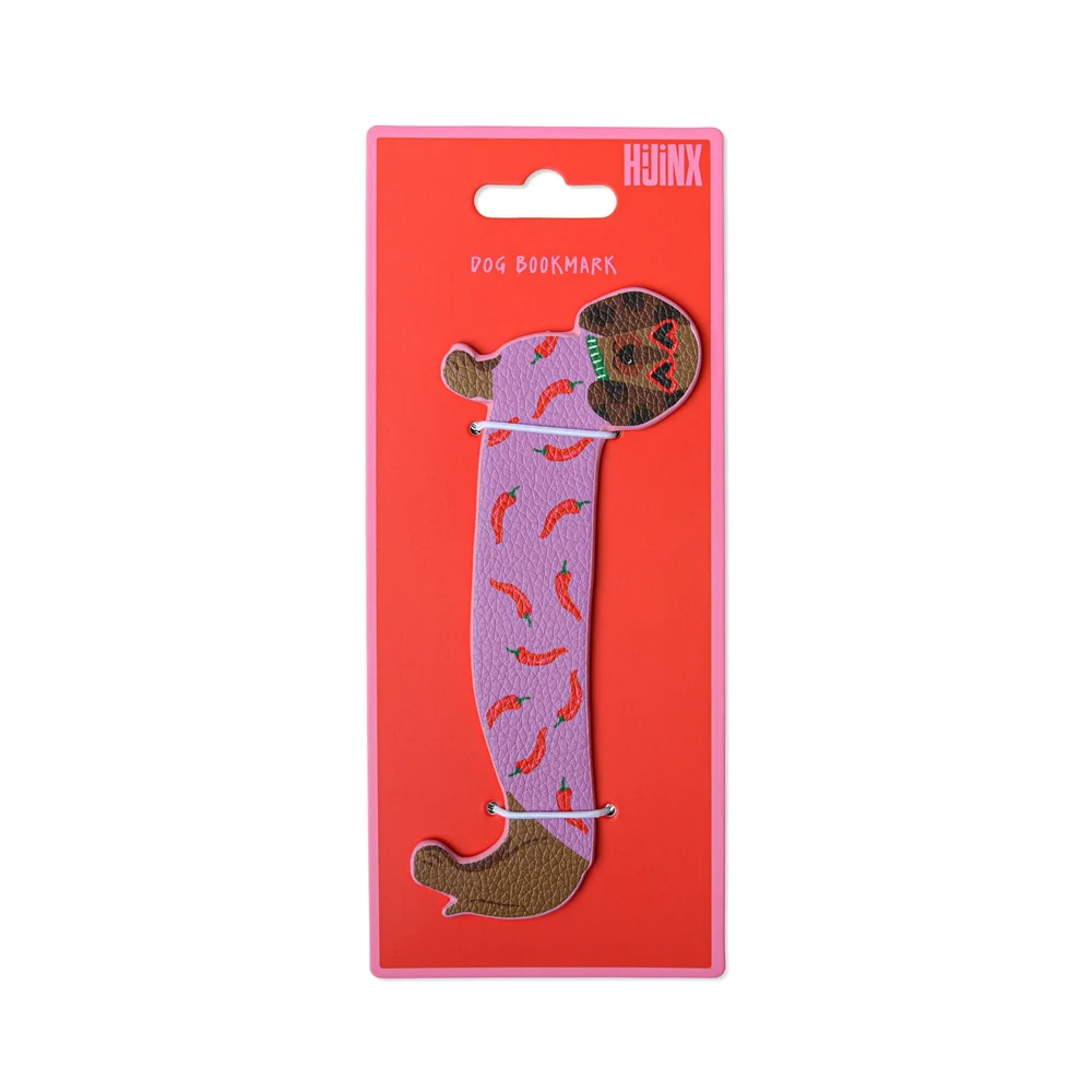 A novelty dog-shaped bookmark with a pink body patterned with red chili peppers and brown ears/legs, displayed on its red and pink HJNJX retail backing card against a white background.