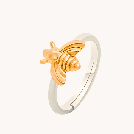 Bumbling Bee Gold Adjustable Ring with a detailed golden bee on a slim silver-tone open band.