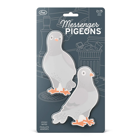 Packaging of Messenger Pigeons with illustrations on a dark blue background
