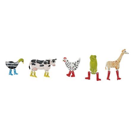 Set of small animal figurines with colorful boots on a white background