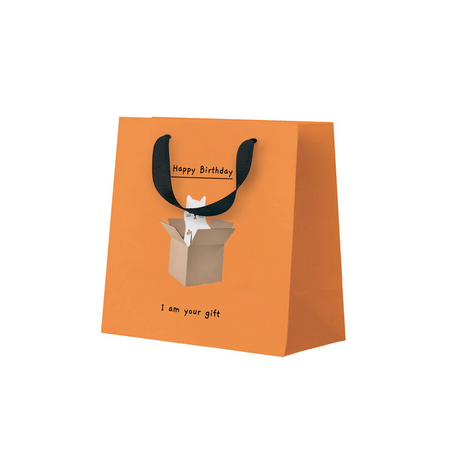 Orange gift bag with a cat illustration and 'Happy Birthday' text on a white background