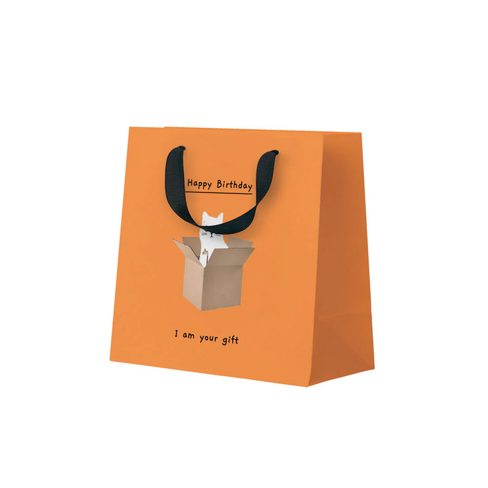 Orange gift bag with a cat illustration and 'Happy Birthday' text on a white background
