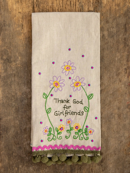 Linen Embroidered Hand Towel - Thank God for Girlfriends