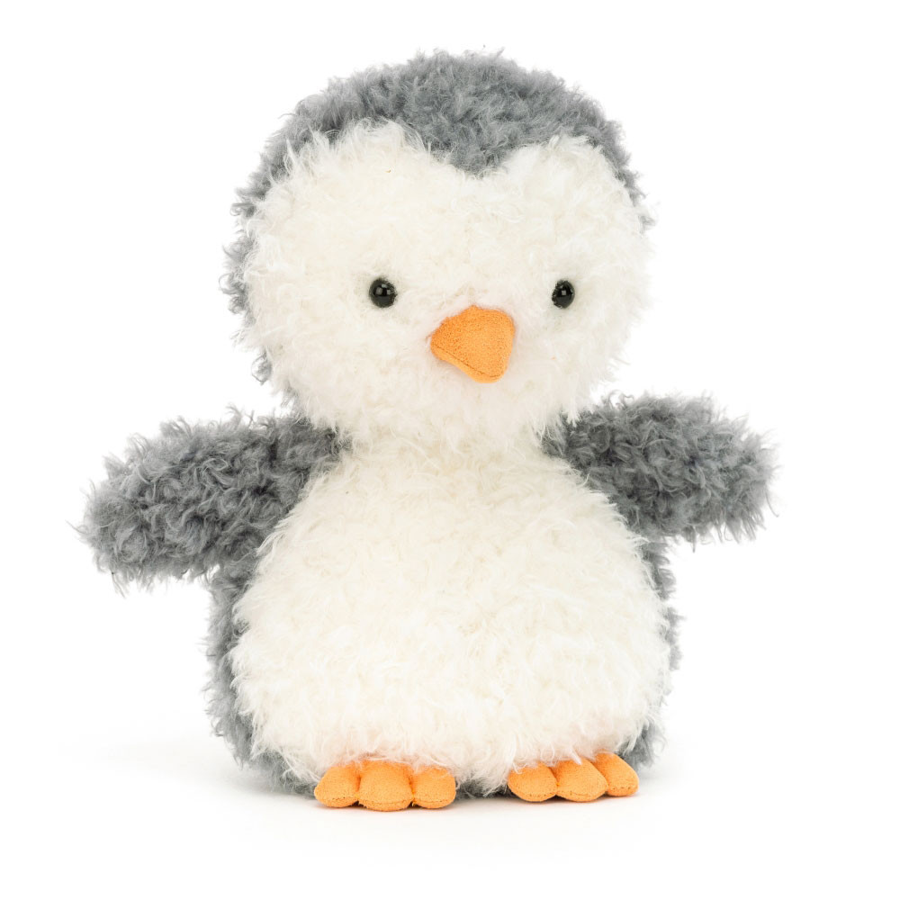 Stuffed penguin toy with gray wings and orange feet on a white background