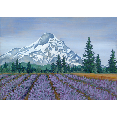 A painting of a mountain with a field of purple flowers in front, with trees in the foreground.