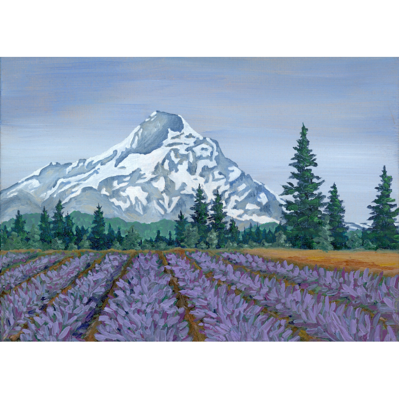 A painting of a mountain with a field of purple flowers in front, with trees in the foreground.