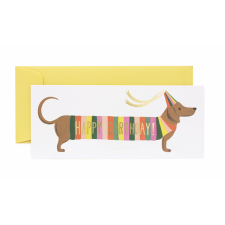 long card with dachshund illustration that reads "happy birthday!" on the dog's striped sweater