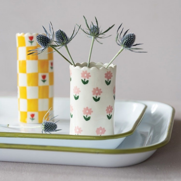 Stoneware Floral Vase With Scalloped Edge