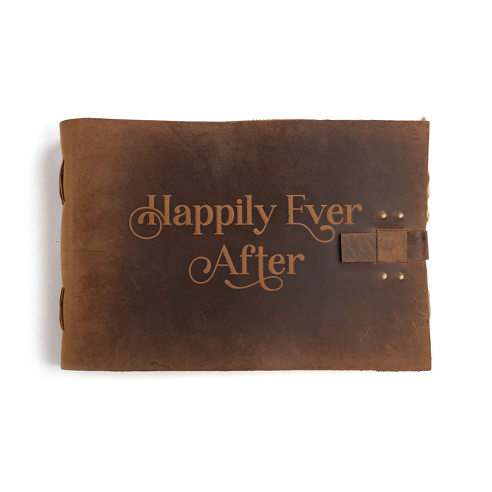 Brown leather album with 'Happily Ever After' text on a white background