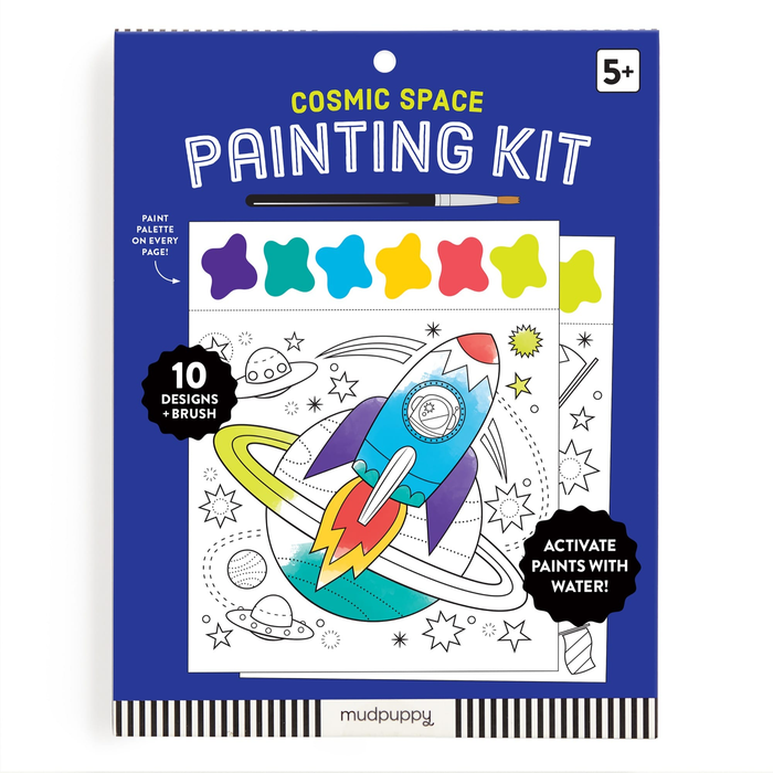 Cosmic Space Painting Kit packaging with a rocket design on a blue background