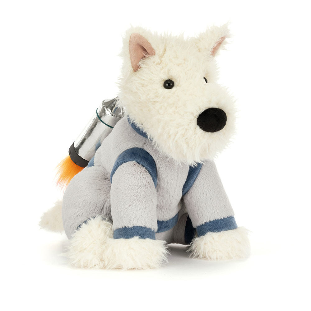 Cream-colored Scottie dog plush wearing a pale space suit with blue trim and a silver rocket pack