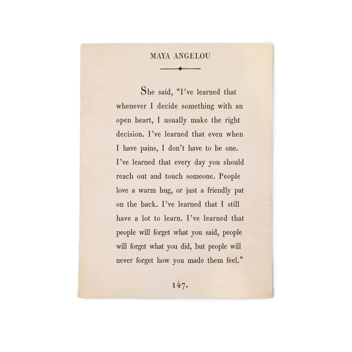 Vintage-style book page print with Maya Angelou quote on a white background