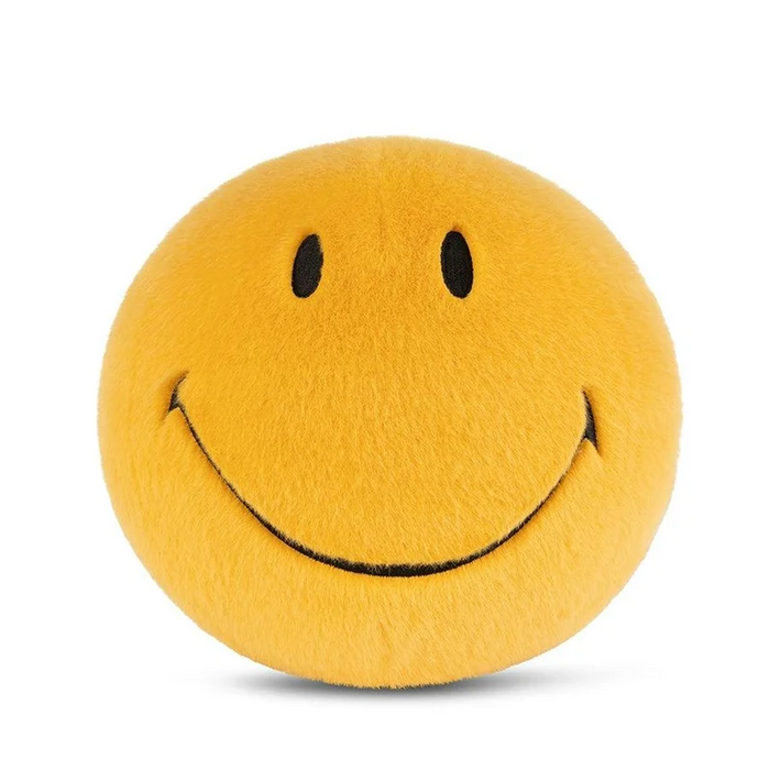 Round fuzzy yellow Smiley plush with black oval eyes and a wide embroidered smile.