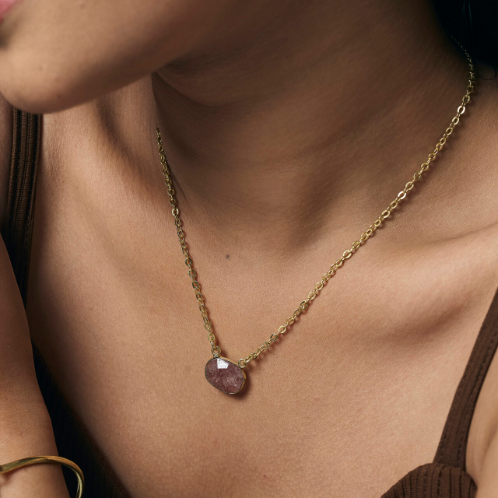 Gold Plated Necklace With Strawberry Quartz pendant