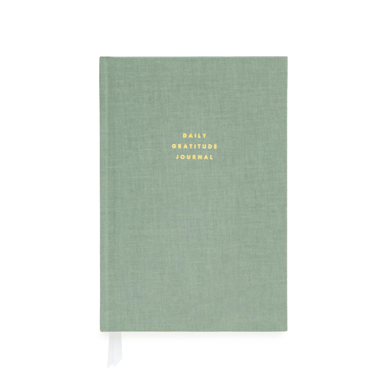 sage green daily gratitude journal with gold lettering and white background