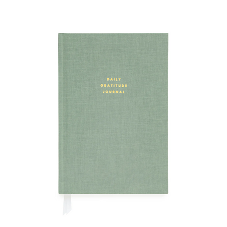 sage green daily gratitude journal with gold lettering and white background
