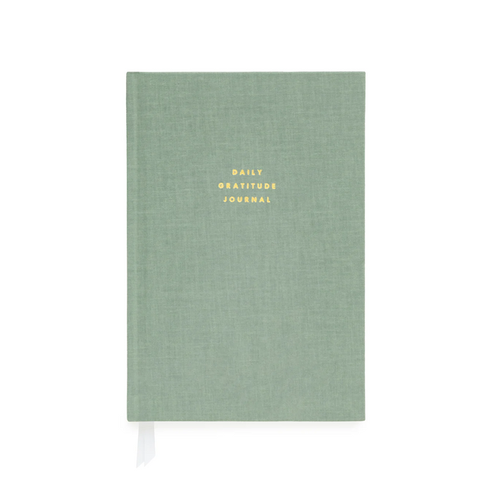 sage green daily gratitude journal with gold lettering and white background
