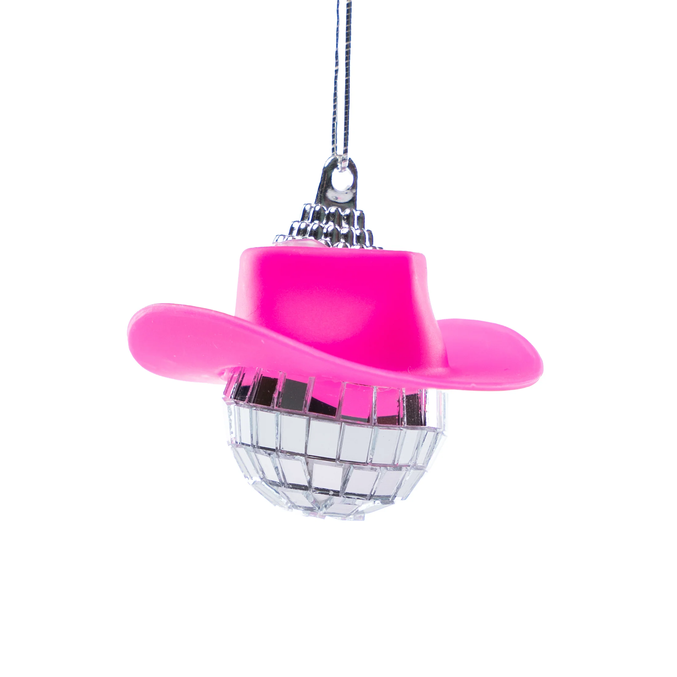 Disco ball ornament with pink cowboy hat
