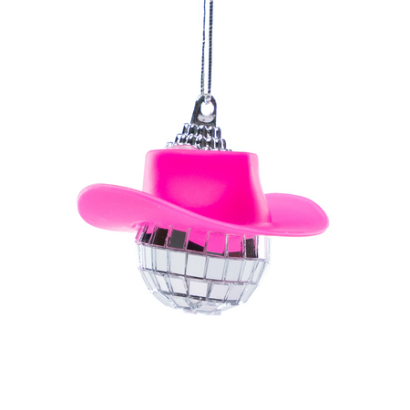 Disco ball ornament with pink cowboy hat