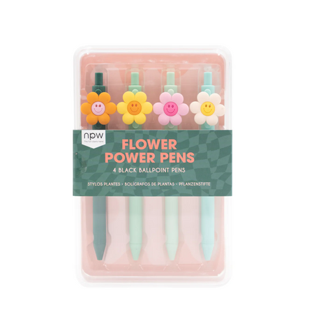 Pack of flower-shaped ballpoint pens with colorful flower designs on a white background
