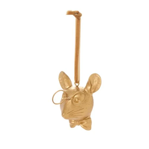 Gold-colored decorative ornament shaped like a mouse with a bow tie on a white background