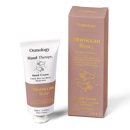 Osmology Moroccan Rose hand cream and packaging on a white background