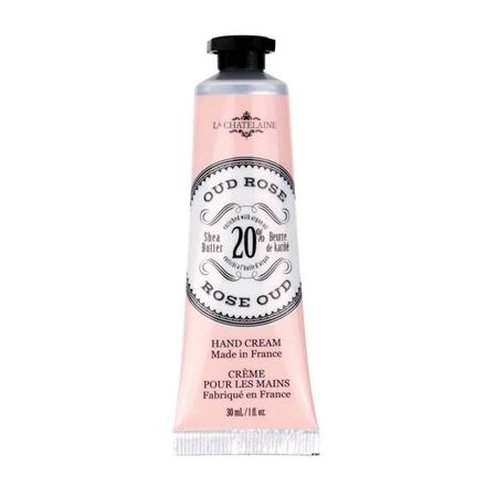 Hand cream tube labeled 'Rose Oud' by La Chatelaine on a white background
