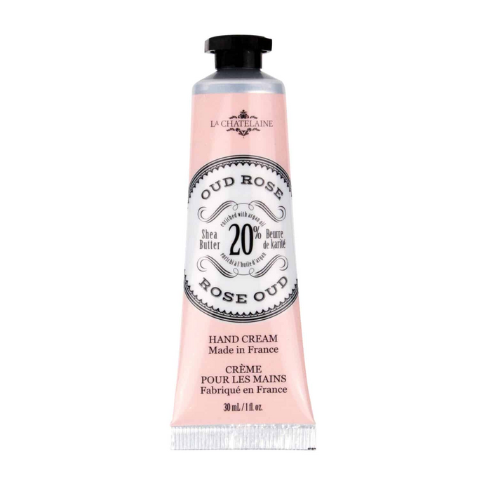 Hand cream tube labeled 'Rose Oud' by La Chatelaine on a white background