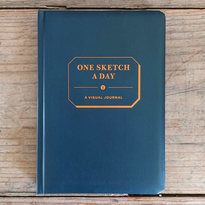blue journal that reads "one sketch a day - a visual journal" on a wooden background