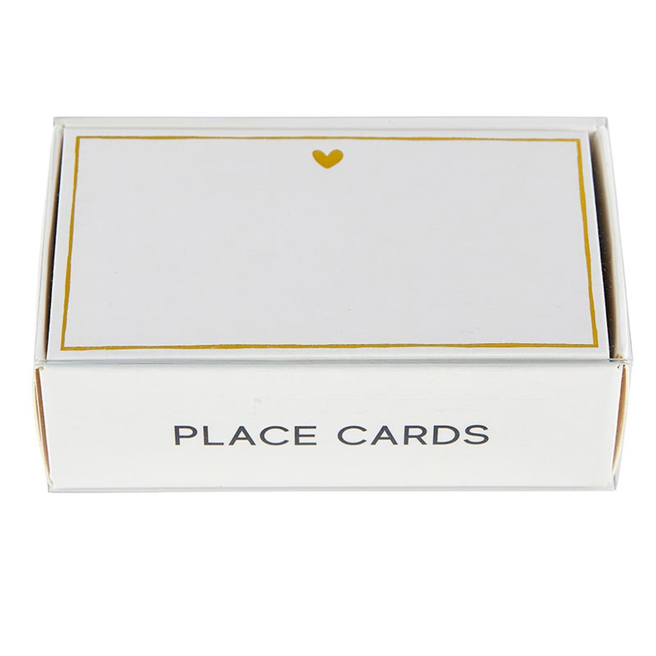 A white gift box with gold foil place cards, featuring a subtle heart design on each card.
