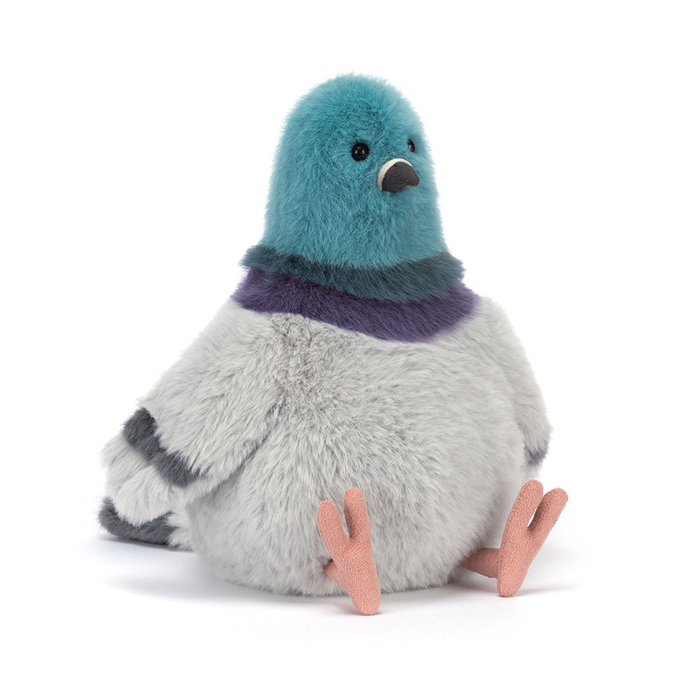 Plush toy pigeon with teal hood on a white background