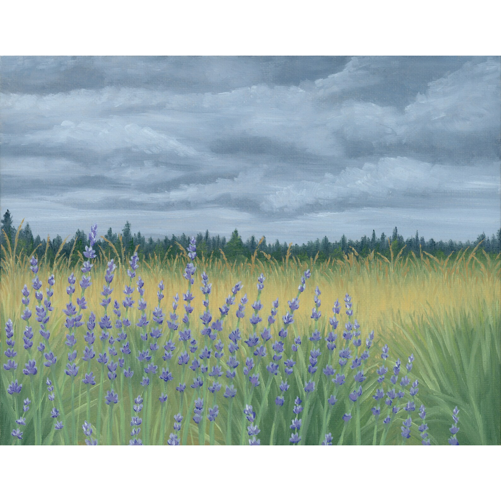 art print of moody skies with lavender in the forefront