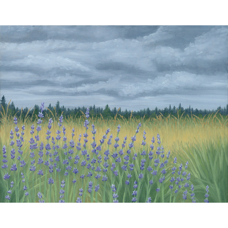 art print of moody skies with lavender in the forefront