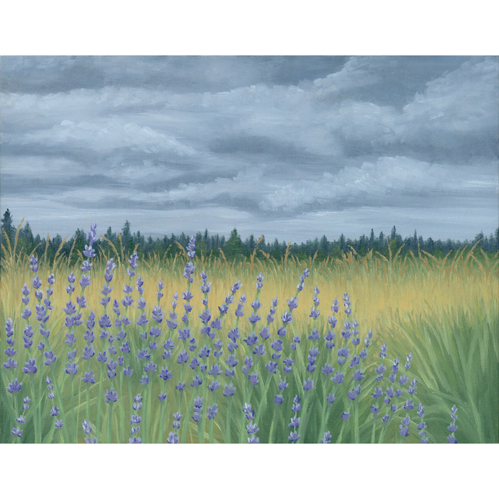 art print of moody skies with lavender in the forefront
