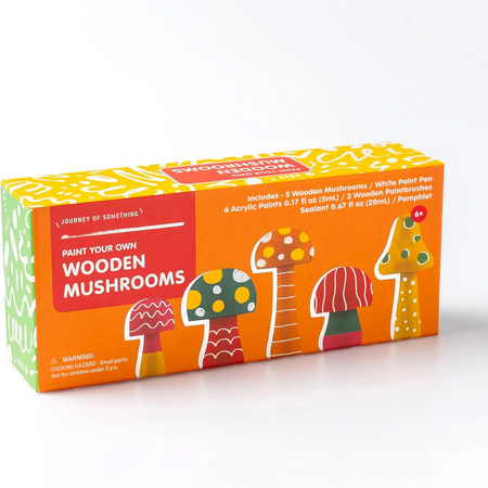 Box of 'Paint Your Own Wooden Mushrooms' craft kit with colorful design on a white background
