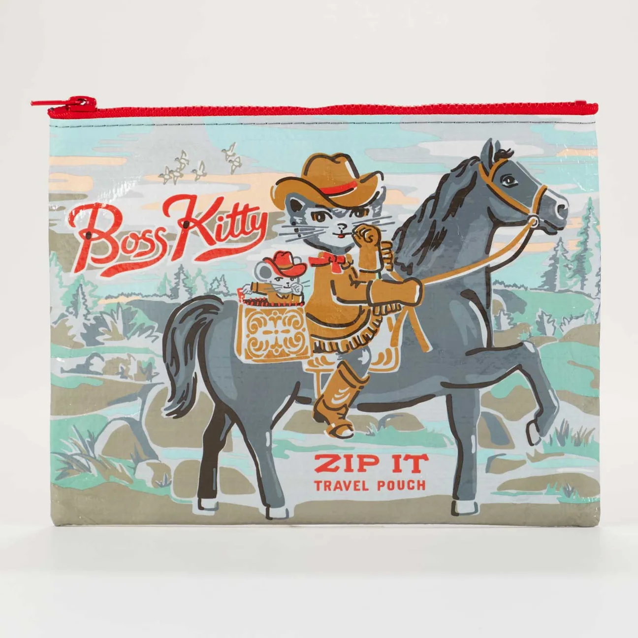 Travel pouch with a cat in a cowboy hat riding a horse, labeled 'Boss Kitty'.