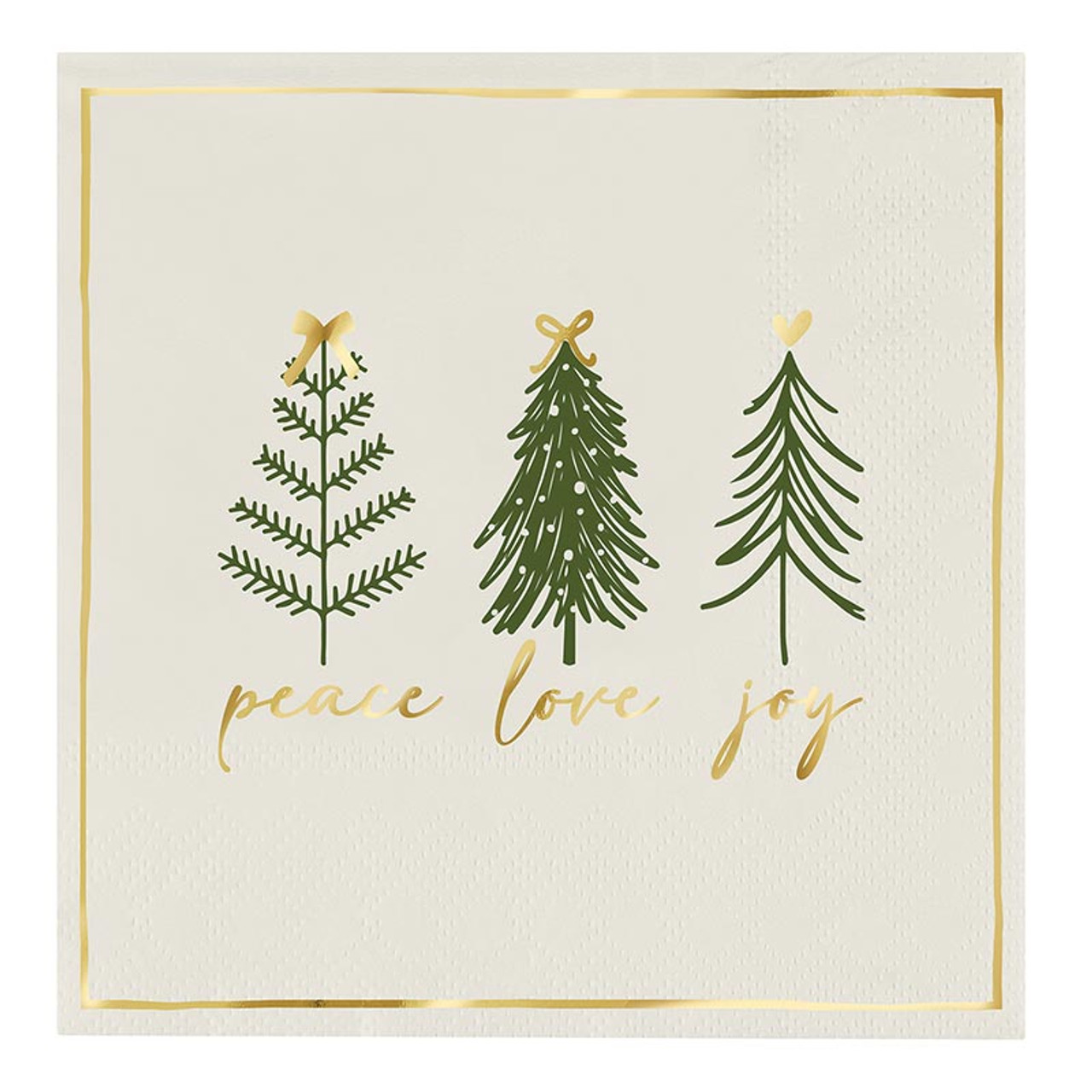 Decorative napkins with Christmas trees and 'peace love joy' text on a white background