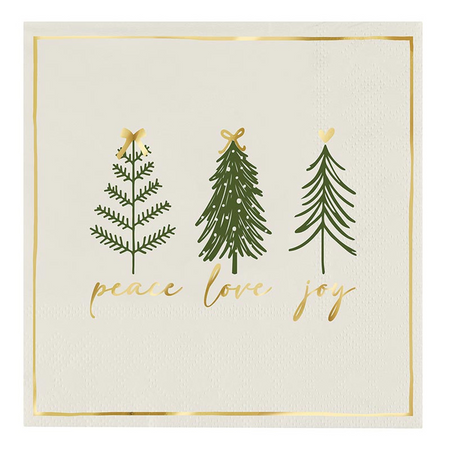 Decorative napkins with Christmas trees and 'peace love joy' text on a white background